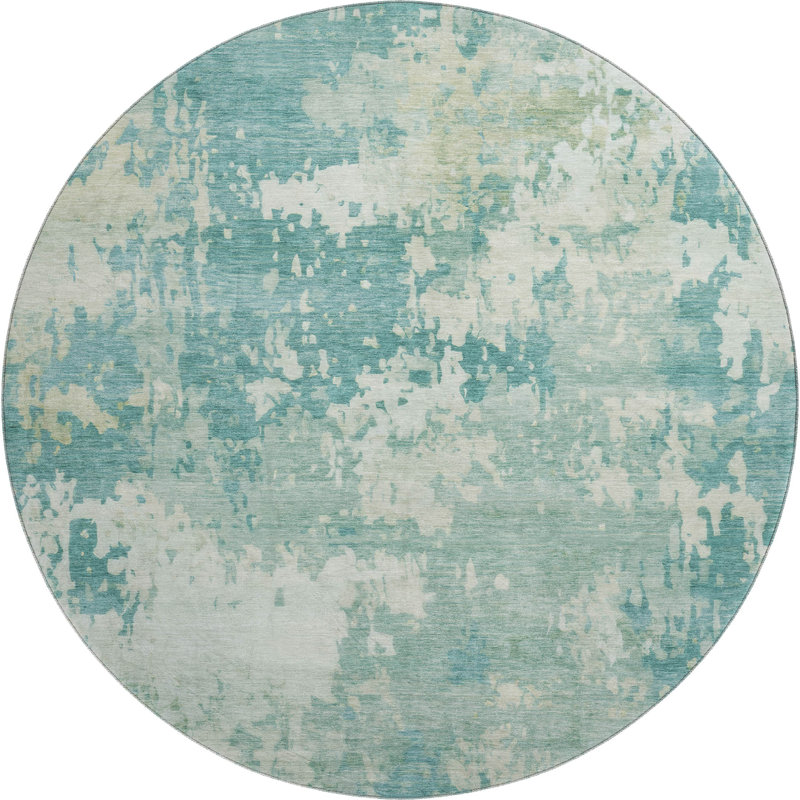 Premium Machine Washable Mayfield AMF2142 abstract Rug, Teal, 8' Round