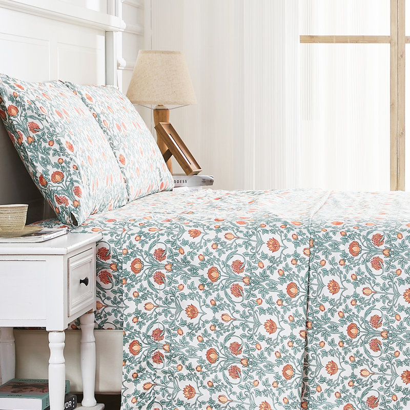 Arts & Crafts Floral Sheet Set, Full Sheet Set + 2 Standard Pillowcases, Orange