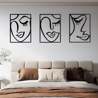 Three Piece Wall Decor In Black Metal, Abstract Female Face Line Art, 3d Hollow Out Cut, Easy Installation On Home Interior With Rectangular Metal Frame, Symbolism, Cut Design, For Display