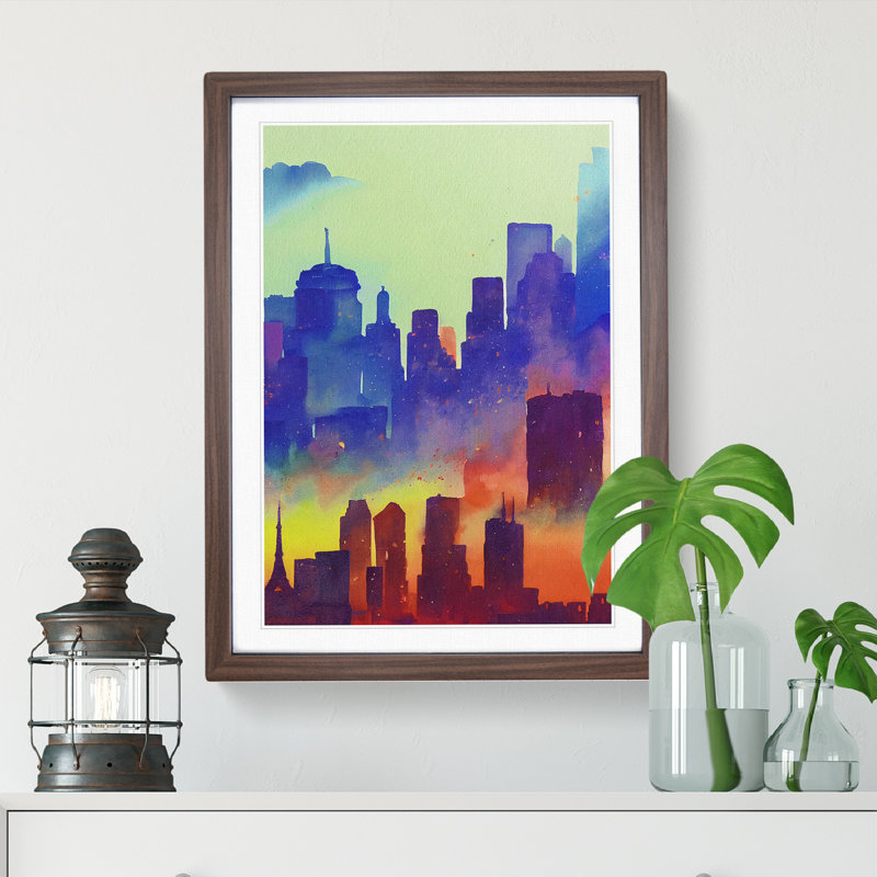 City Skyline In Colour No.4 Abstract - Single Picture Frame Painting, 64cm H x 46cm W x 2cm D, Walnut