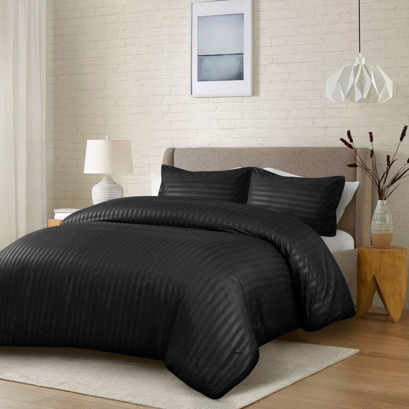 Nisreen Microfiber Striped Duvet Cover with Pillow Shams Included, Single  Duvet Cover + 2 Standard Shams, Black