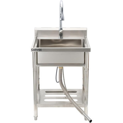 Évier utilitaire autoportant en acier inoxydable avec robinet escamotable chaud et froid, évier à lessive de grande capacité avec tablette de rangement et ensemble de drain pour la cuisine de garage