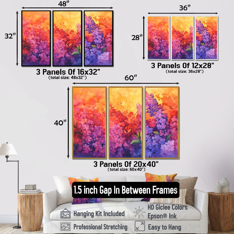 Coucher de soleil lilas mauve dans les jardins botaniques - ensemble de décorations lilas, H 40 po x l 60 po, Noir