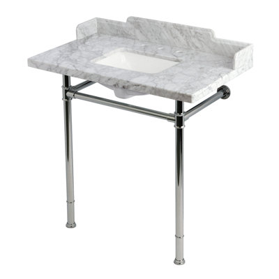 Kingston Brass Wesselman 36-Inch Carrara Marble Console Sink with Stainless Steel Legs (8-Inch, 3-Hole)