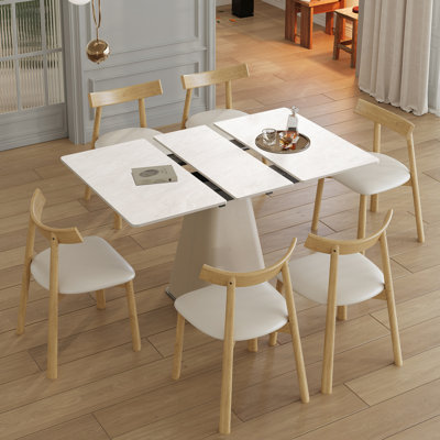 Modern Space-saving Dining Table Sets With Extendable Rock Slab And Wooden Chairs For Compact Kitchens
