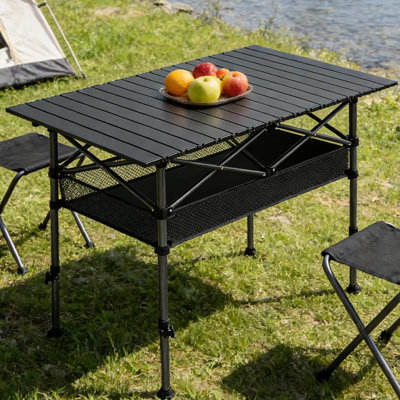 Table de camping pliante Table de pique-nique enroulable portative 47,24 po x 21,65 po avec 2 hauteurs réglables pour le pique-nique, le camping, la plage, le barbecue, la fête, la cour arrière, noir
