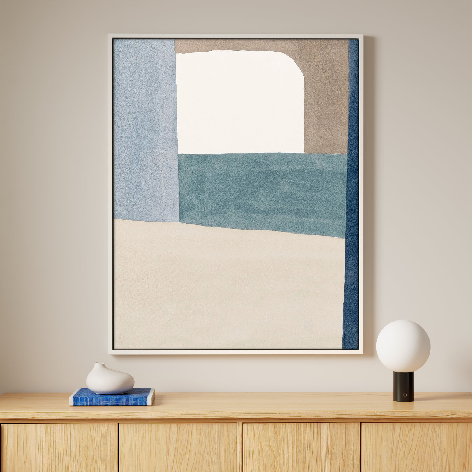 The Balance of Taupe and Indigo 1 Print, 50" x 40" x 1.38", White Frame Canvas