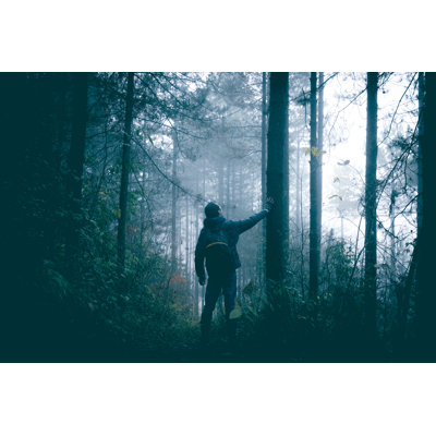 Man Travel Alone on Foggy Forest 1 Piece Wrapped Canvas Wall Art