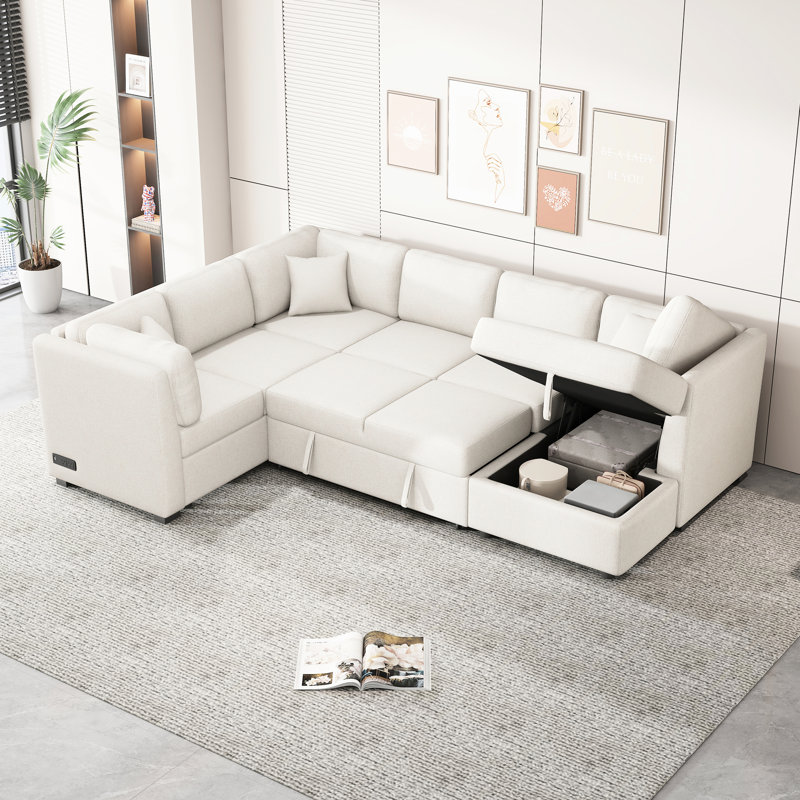 Lit en U avec lit, méridienne de rangement et lit modulaire en tissu beige 108,6 po et prises de courant, Chenille beige