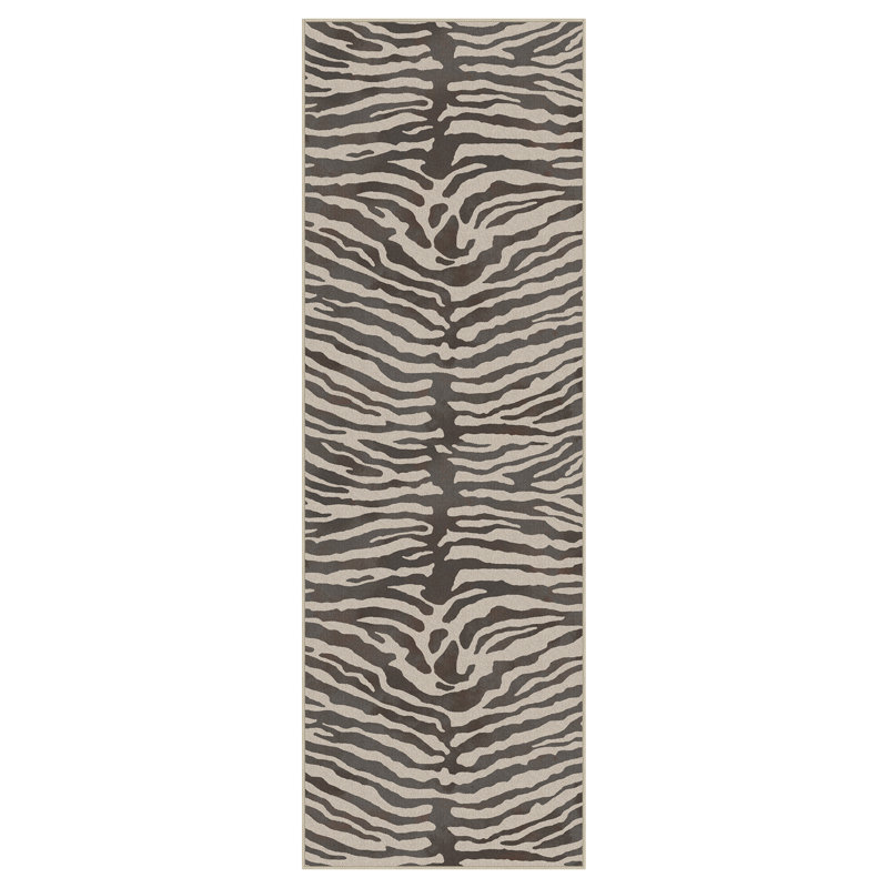 Safari Animal Print Zebra Machine Printed Washable Beige / Gray Indoor Area Rug with Non-Slip Backing, Runner 2'6" x 8'
