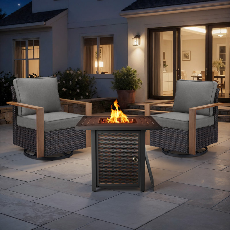 Drazen 2 - Person Patio Furniture Set With Fire Pit Table, All-Weather Wicker Outdoor Conversation Set With Chair And Thick Cushions
