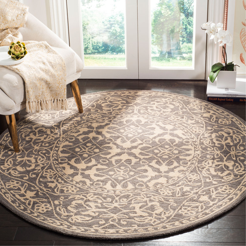 Tapis oriental gris / beige en laine / coton crocheté à la main Guzi Suzani, Rond 5 pi