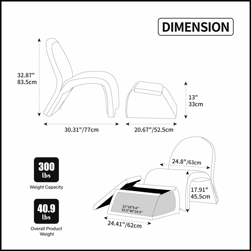 Chaise rembourrée sans accoudoirs avec rangement 24,8 po, chenille moderne pour le salon et la chambre à coucher