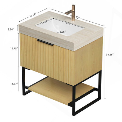 Meuble-lavabo 30 po, armoire de rangement autoportante en contreplaqué rayé avec tiroir et tablette ouverte, comptoir en pierre frittée Roma Travertine et vasque en céramique encastrée, noyer foncé pré-assemblé