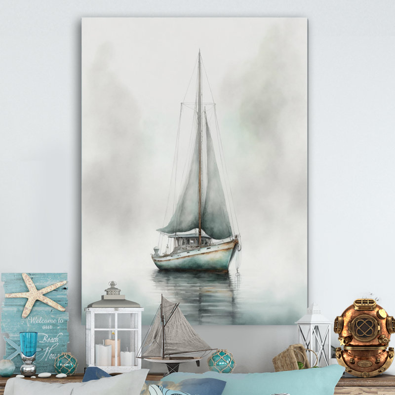 Voilier ancré dans le brouillard - art mural bateau côtier, H 32 po x l 24 po, Toile tendue