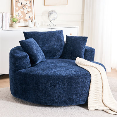 Fauteuil d'appoint rond pivotant à 360 degrés Blue Fluffy Chenille, idéal pour se détendre dans le salon et le salon
