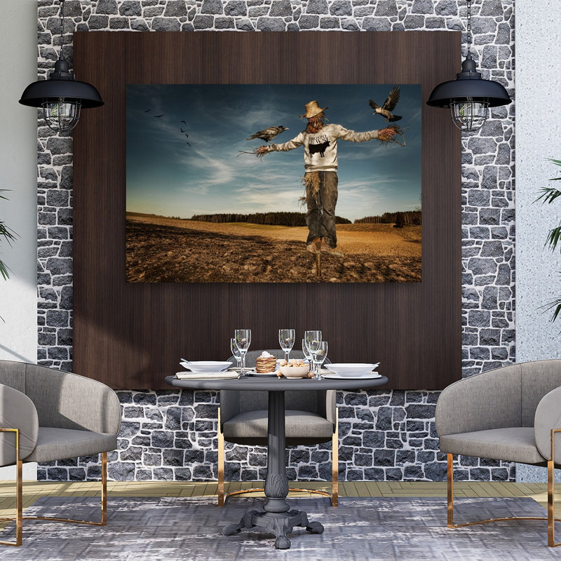Lonely Scarecrow Field Dramatic Rustic Abstract Bird Autumn Landscape Wall Art Print 1 Piece Wrapped Canvas Wall Art