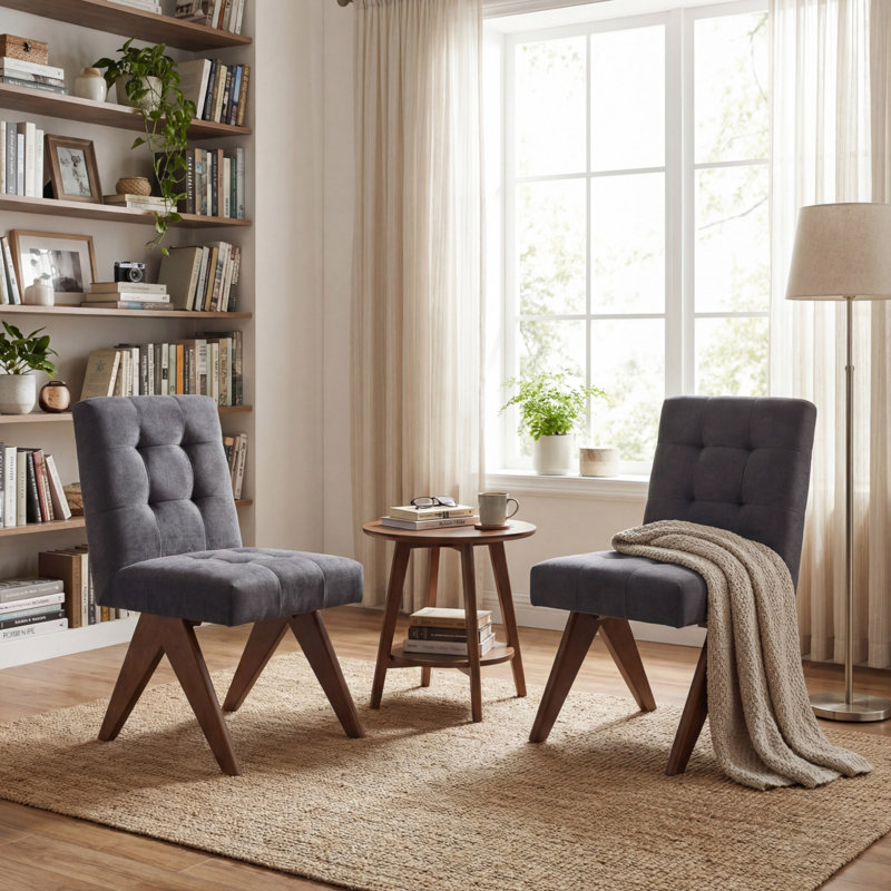 Chaise de salle à manger capitonnée en lin rembourrée sans accoudoirs avec pieds en bois massif, Gris foncé
