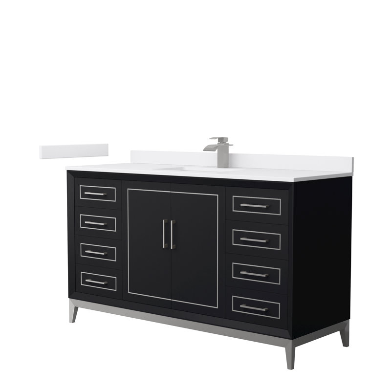 Ensemble de meuble-lavabo simple 60 po Marlena, Noir, Nickel brossé, Marbre de culture de Carrare