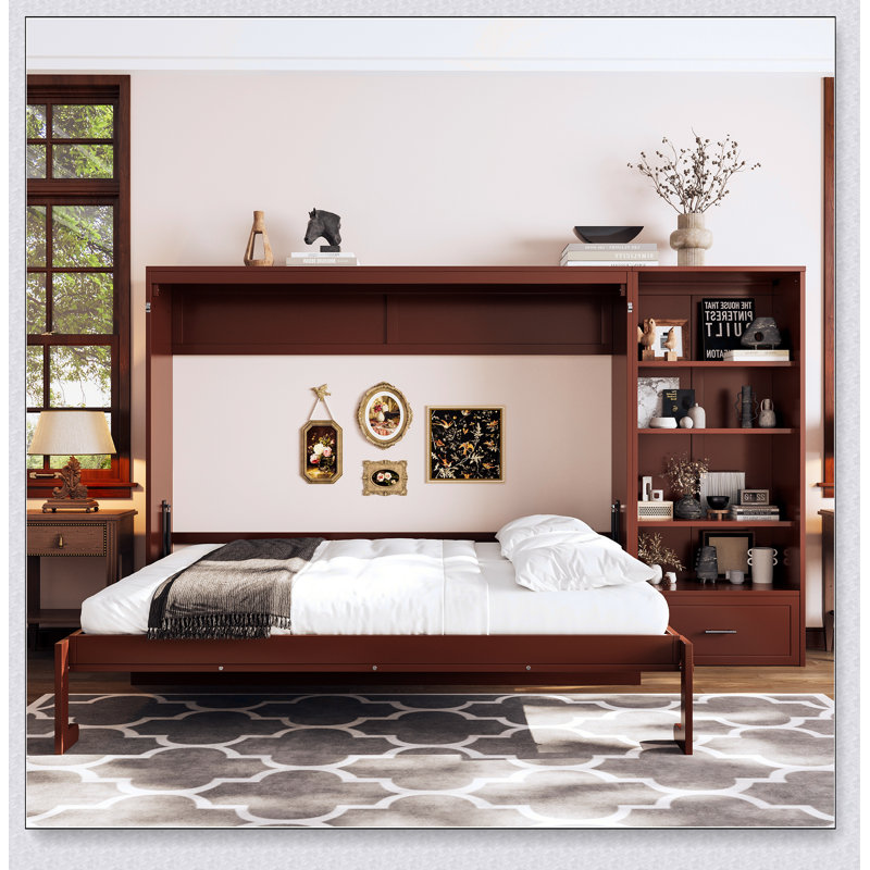 Grand lit escamotable avec rangement réglable en hauteur, cadre de lit mural avec tiroir pour une meilleure efficacité