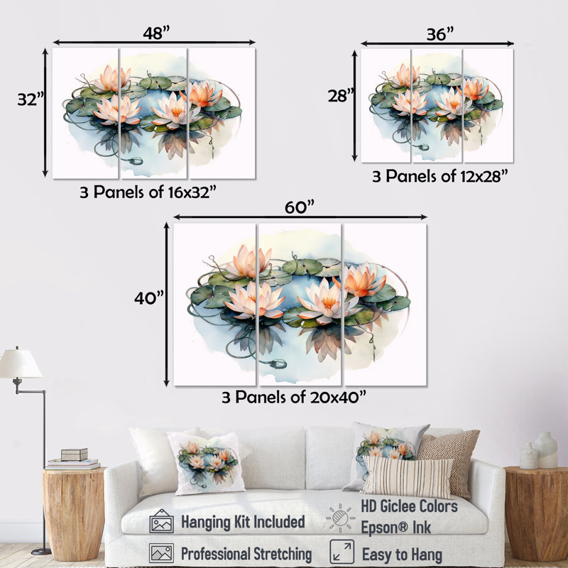«Natures Lotus Lilly Pads» - ensemble d'art mural Lotus, H 40 po x l 60 po x P 1 po