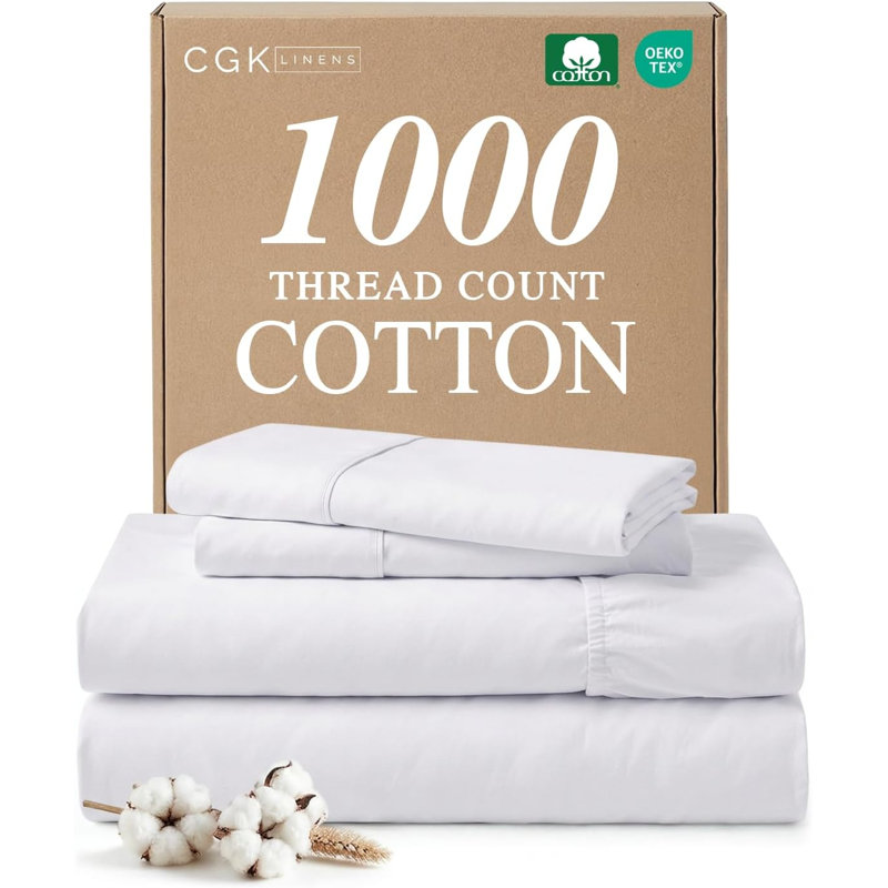 100% Cotton Sheet Set, 1000 Thread Count Hotel Luxury Bedding, Soft & Durable Bed Sheets, 4 Piece Set, White
