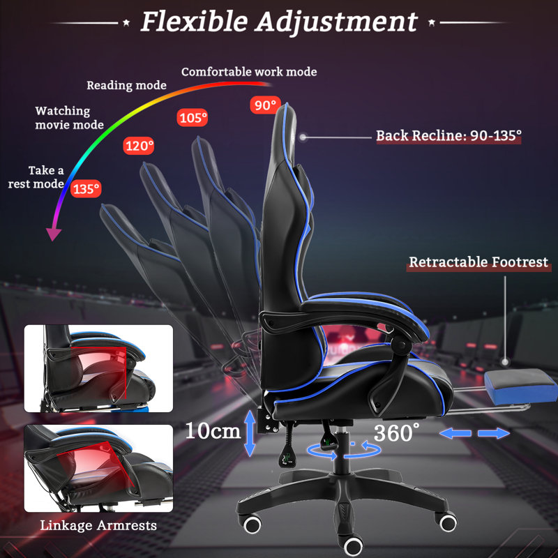 Ergonomic  LED Gaming Chair with Massage Lumbar Pillow, Blue/Black