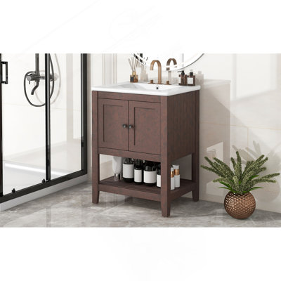 Lavabo de salle de bain moderne élégant en céramique 24 po avec tablette ouverte en bois massif brun