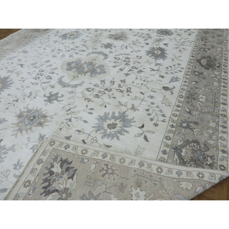 Tapis gris / beige en laine noué à la main de conception unique 10 pi 2 po x 13 pi 9 po Broadhurst