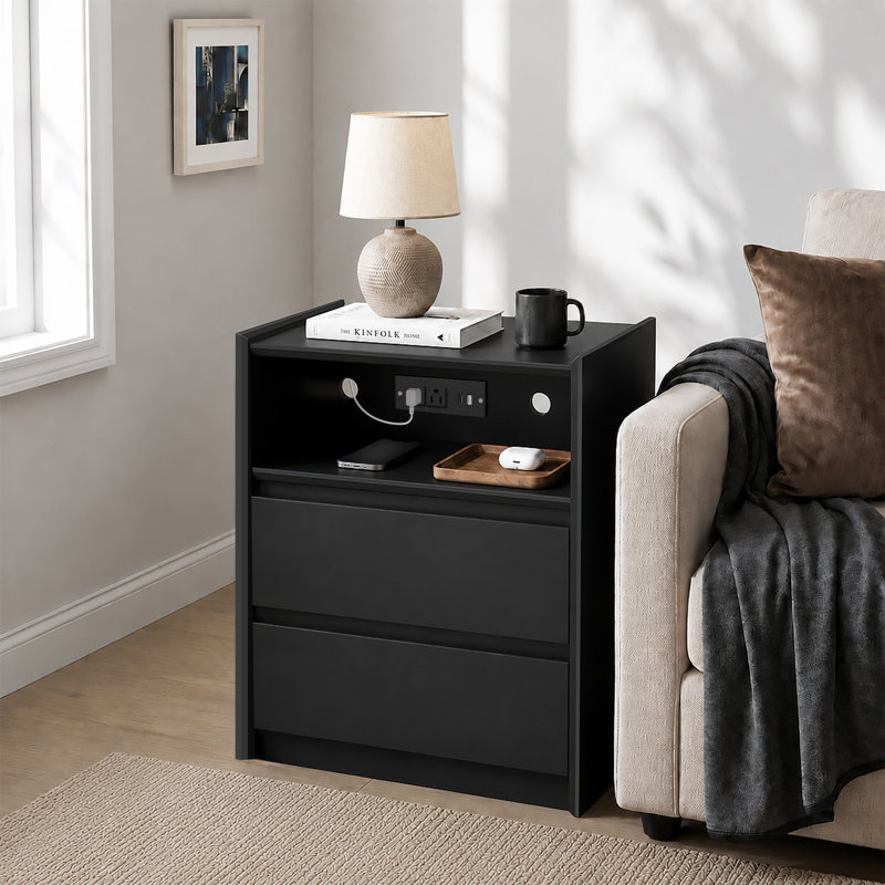 Table de chevet moderne 20 po avec station de charge, 2 tiroirs et tablette ouverte, Noir, Individuel