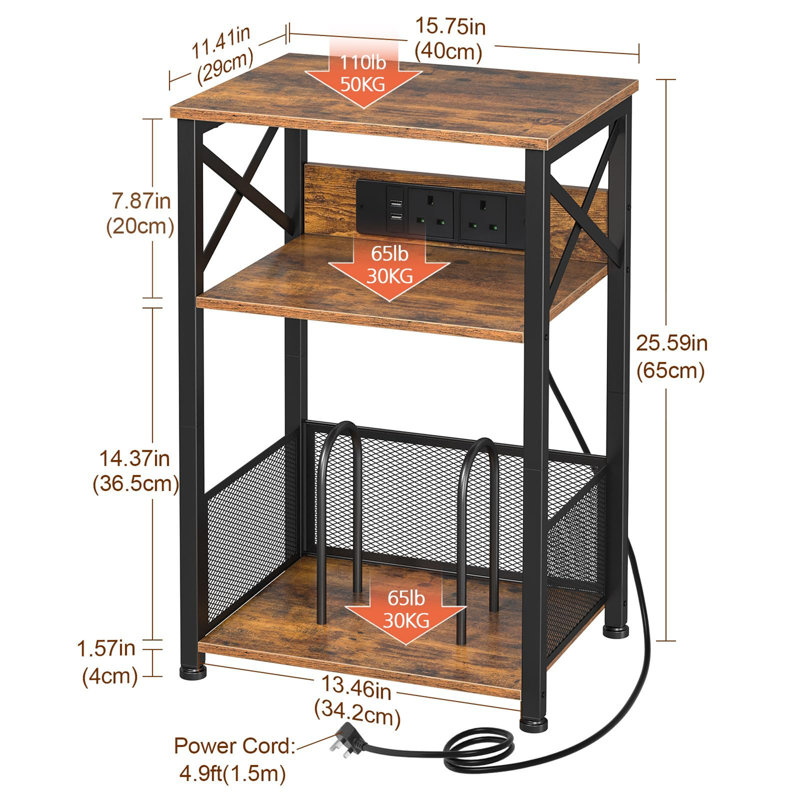 Record Player Stand With Charging Station, 65cm H x 40cm W x 29cm D