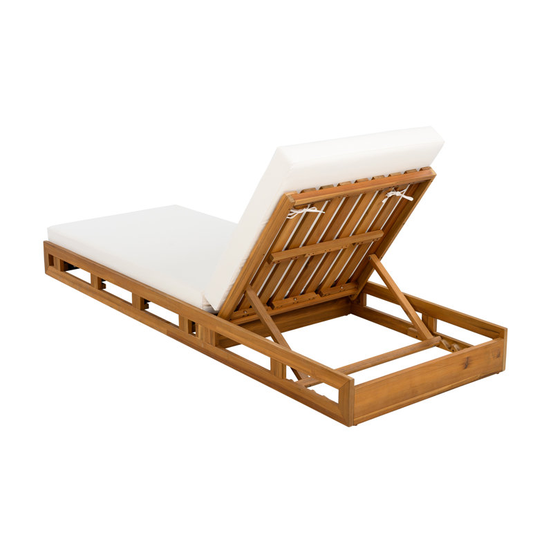 Vane Patio Acacia Wood Chaise Lounge With Adjustable Backrest & Cushion, Cream