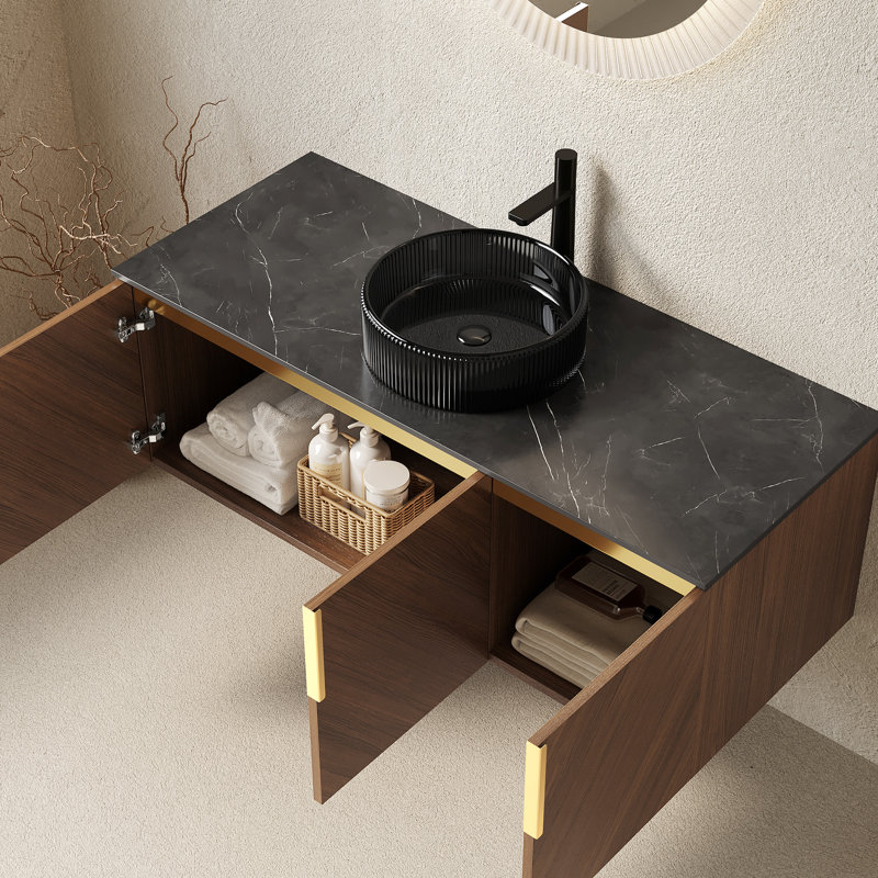 Meuble-lavabo de 48 po avec lavabo rond noir transparent, armoire en chêne brun, conception en diagonale, mécanisme de fermeture en douceur, assemblage facile de 3 portes modernes et évier de 48 po, comptoir en pierre frittée en verre, système