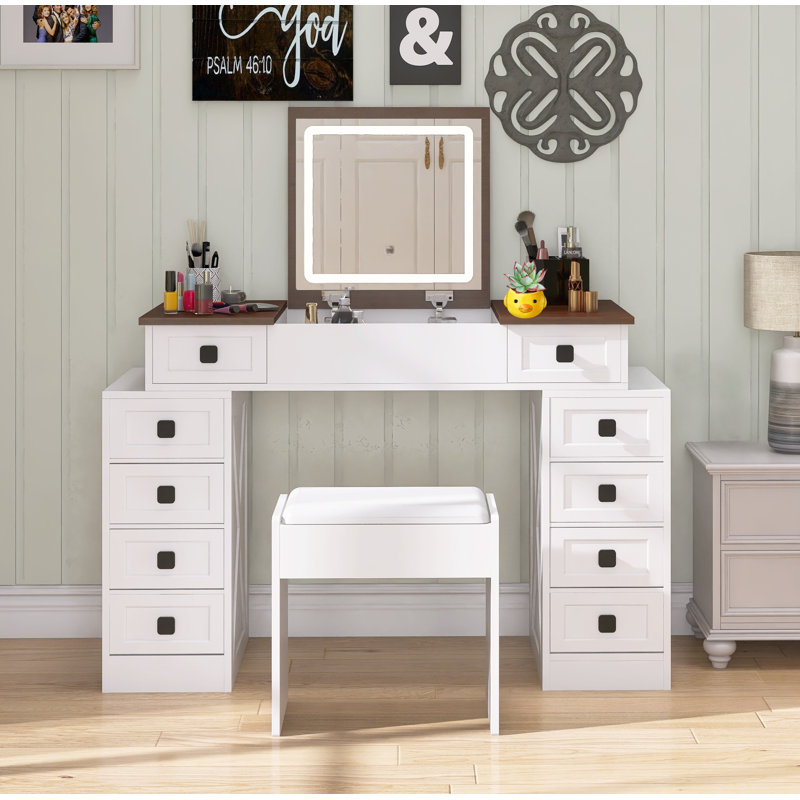 Vanity Desk With Dimmable Led Light With 10 Drawers, Makeup Table With Flip Up Mirror For Space-saving,large Storage Vanity Table Set With Stool And Drawers
