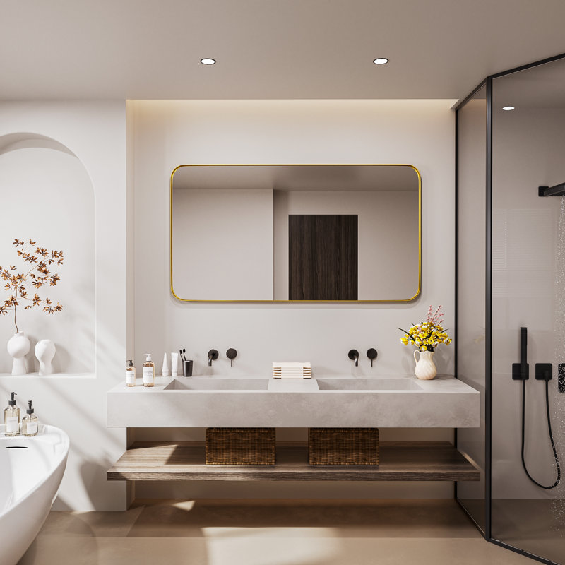 Cozy Design Tempered Glass Framed Wall-Mounted Bathroom Vanity Mirror, Gold, Rectangle, 30" x 55"