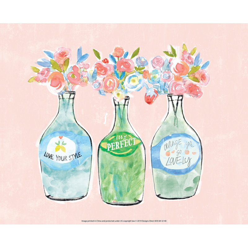 Arrangement floral dans des pots en verre - peinture sur toile tendue, H 24 po x l 36 po