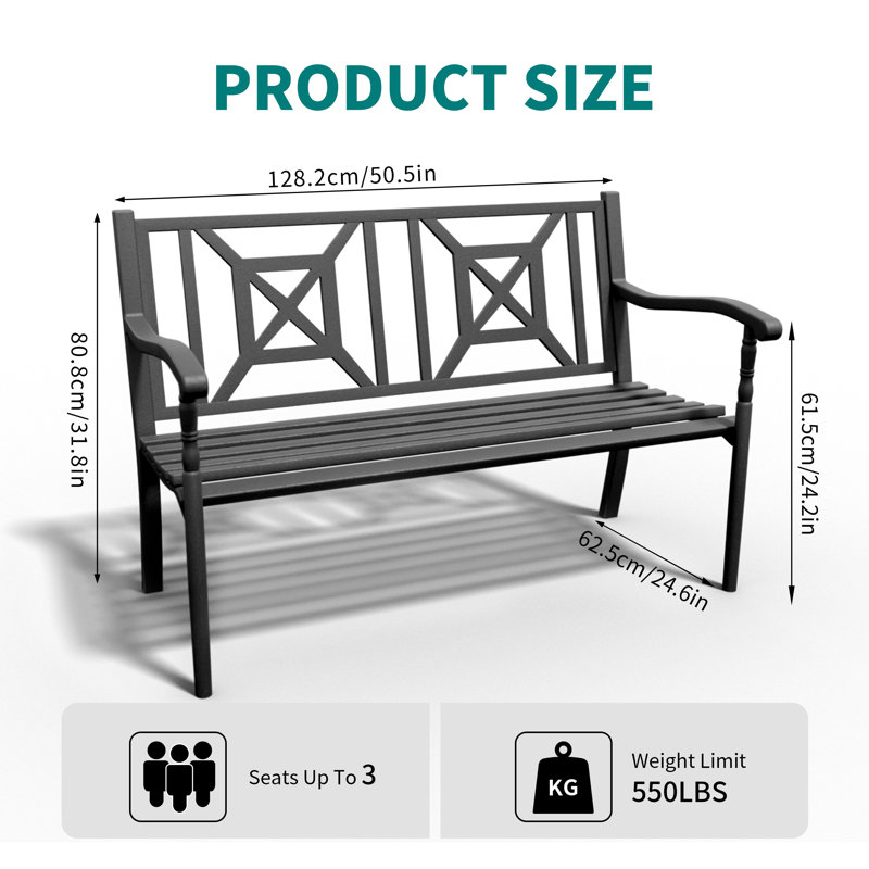 50.5'' L Outdoor Bench, Rustproof Metal Garden Bench with Ergonomic Backrest&Armrests, Bench-05