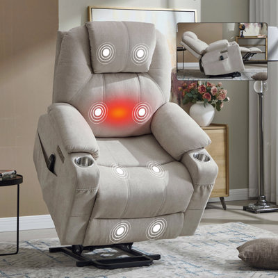 Fauteuil inclinable en polyester avec fonction Power Lift, mécanisme de mouvement robuste avec vibration à 8 points avec fonction de massage et soutien lombaire avec fonction de chauffage, avec port USB et ports de type C, acier inoxydable avec porte-gobelets