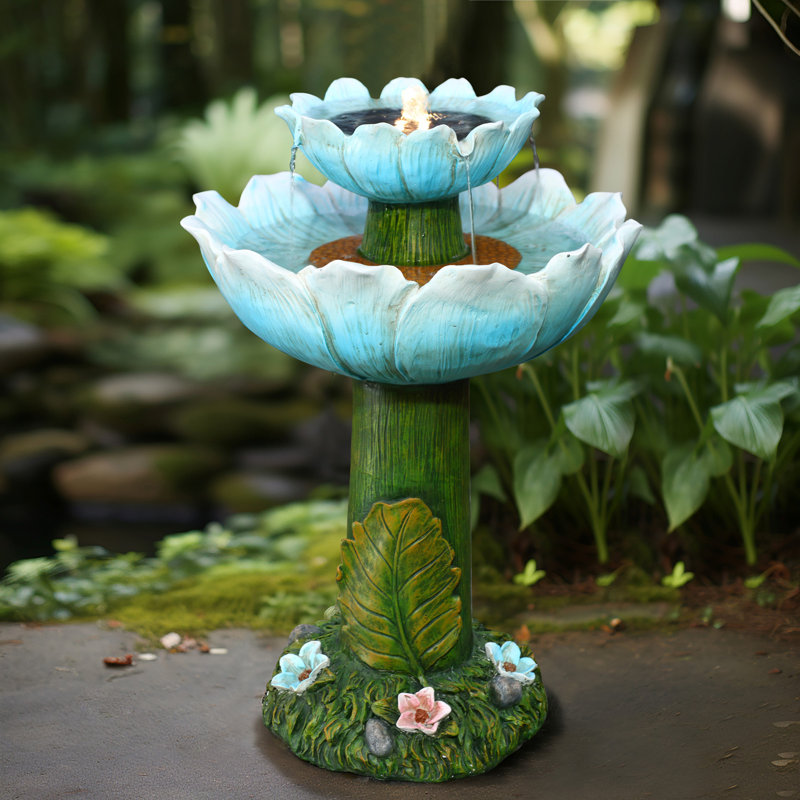 28.3'' Flower Resin Birdbath Outdoor Fountain with Lights