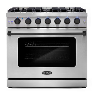 Cosmo 36 po 6,0 pieds cubes Pi. Cuisinière à gaz, 6 brûleurs, four à convection, boutons à DEL, acier inoxydable, poignée noir mat