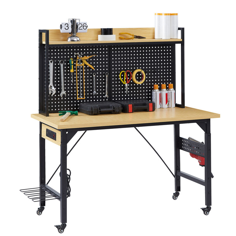 Établi à hauteur réglable 48 po, capacité de charge de 2 000 lb, banc de travail en bois robuste avec roulettes, panneau perforé, prise de courant CA / USB, crochets, tablette