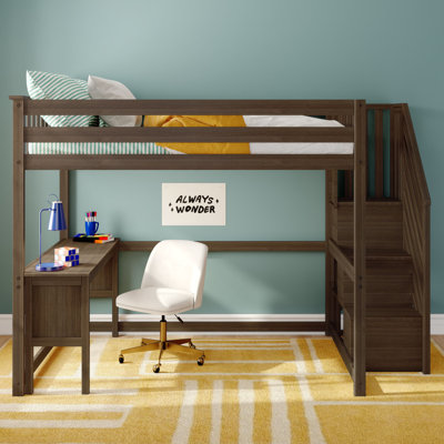 Lit mezzanine double classique + bureau + escalier, noyer