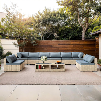 Outdoor 12 Piece And Table Ensemble With Stain - Cushions, All Weather , Modular Seating, Comfortable , Khaki Metal 12Pcs Furniture Arrangement Ray 400 Lbs Weight Limit, Frame