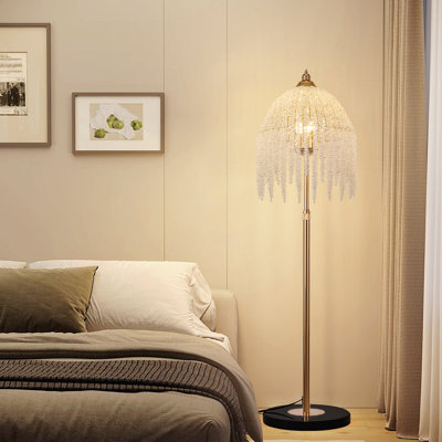 3-Light Elegant Crystal Floor Lamp – Vintage Waterfall Design With Cascading Crystal Beads And Marble Texture Base For Living Room, Bedroom, Or Office DéCor (Bulb Not Included)