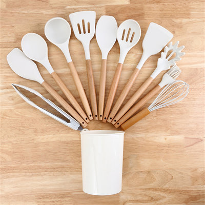 12-Piece Silicone Kitchen Utensil Set With Wooden Handles And Storage Caddy - Non-Stick Cooking Tools For Pots And Pans