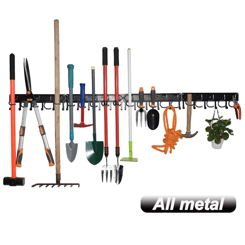 Organisateur de jardin 68 po en métal, organisateurs muraux de garage réglables et rangement, support mural robuste avec crochets pour balai, rateau, vadrouille, pelle (paquet de 4)