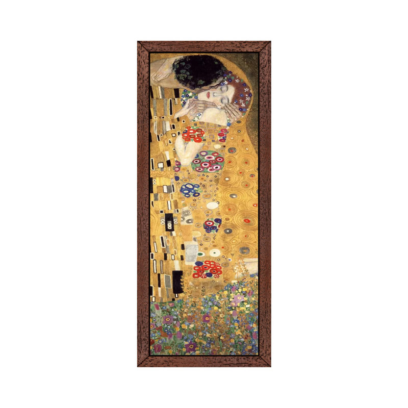 The Kiss, Cropped Vertical by Gustav Klimt - Print on Canvas, 30.48 cm H x 91.44 cm W, Brown Floater Framed
