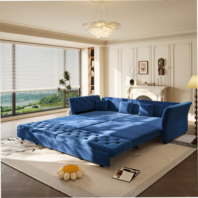 Oversize Pull-Out Sofa Bed With Handmade Fabric Flower Tufting And Multi-Functional Convertible Design For Modern Living Spaces.