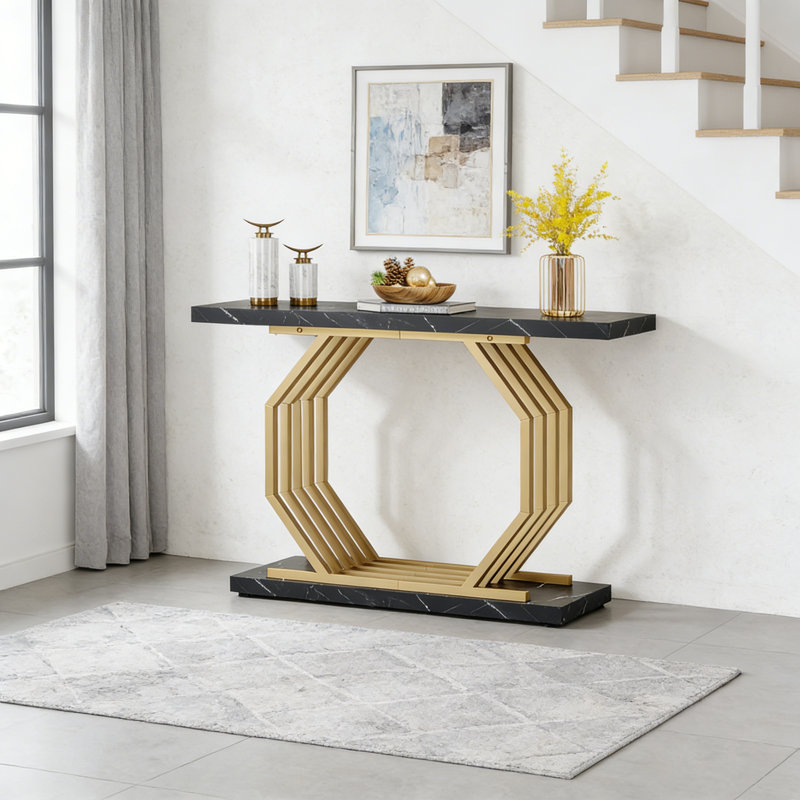 40" Faux Marble Console Table, Gold Geometric Metal Base Accent Sofa Table, Black, Black/Gold