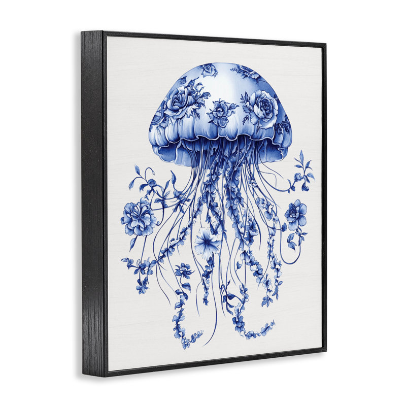 «Funky Vintage Toile Jellyfish», estampe numérique giclée, H 14 po x l 11 po, Giclée encadrée noir minuit